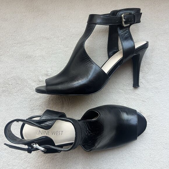 New Nine West Infusion Black Leather Heeled Sandals Women 8.5 M Ankle Strap - Picture 16 of 16